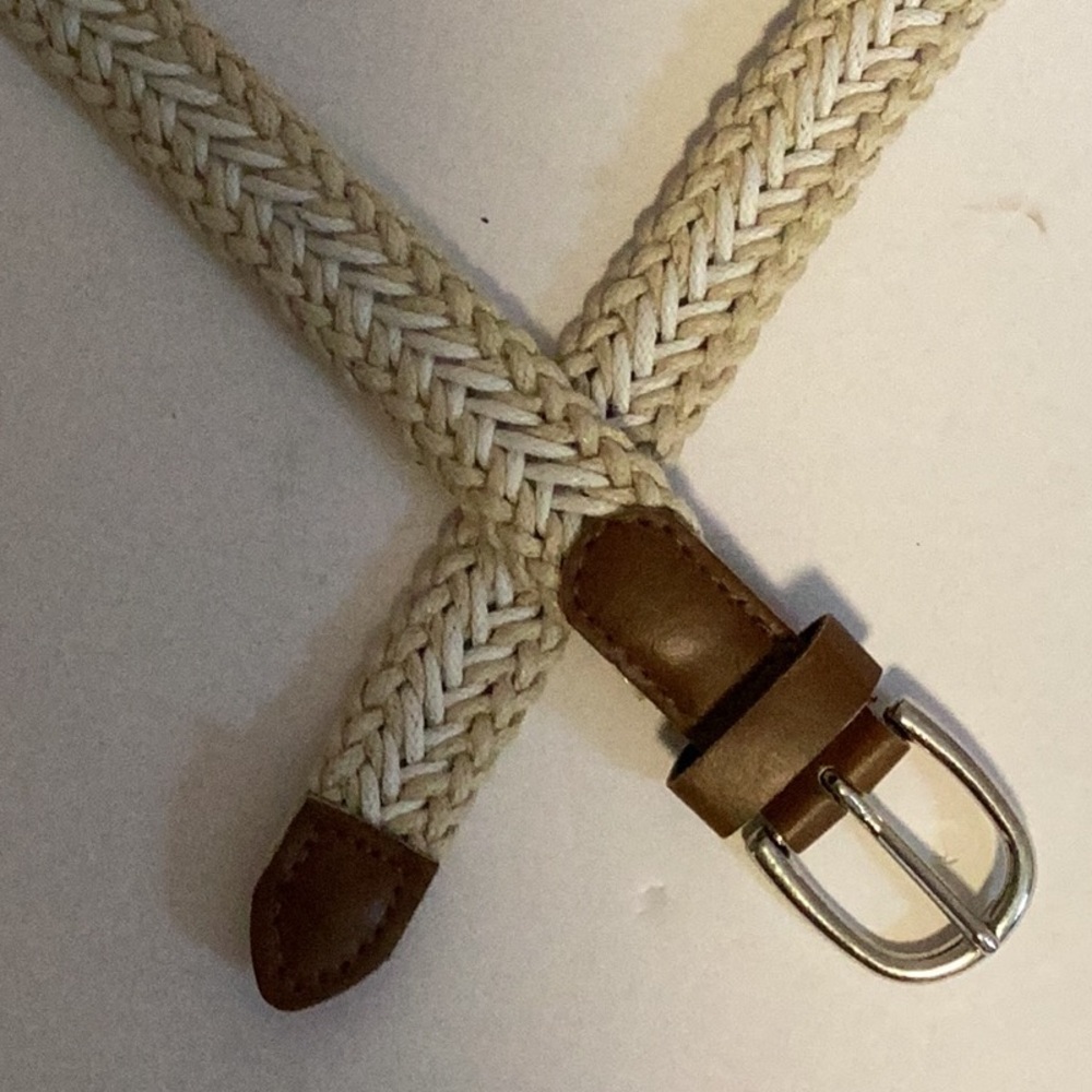Brown Faux Leather Belt with Light  Tan and White Weave 44” Long Size L/XL